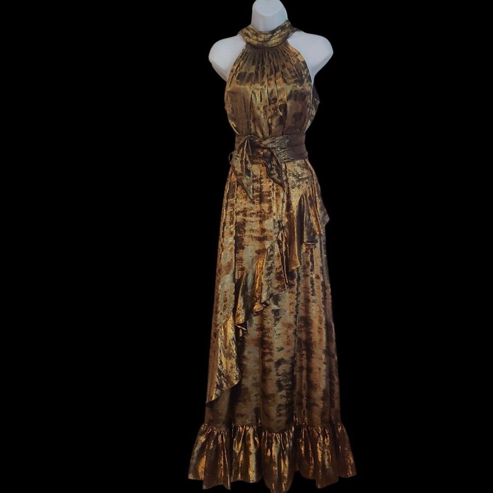 Alex Marie Tiffany Liquid Gold Shiny Elegant Ruffle Asymmetrical Maxi Dress 6